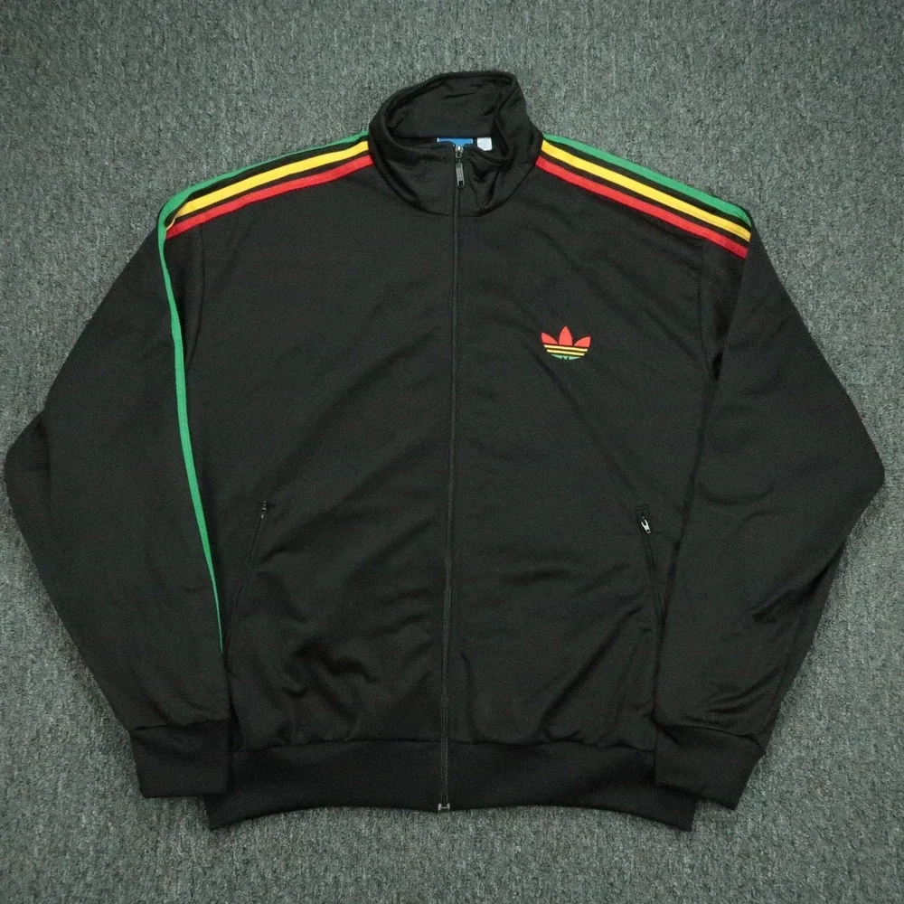 Adidas Jacket Mens 3XL Black Striped Originals Trefoil Rasta Firebird Jamaica